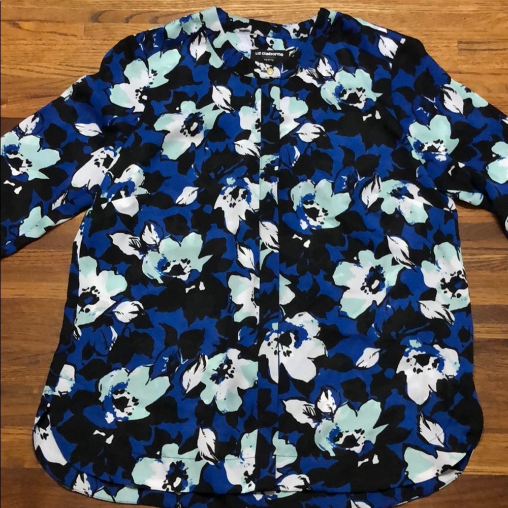 Liz Claiborne Career Blue and Black Floral Blouse
